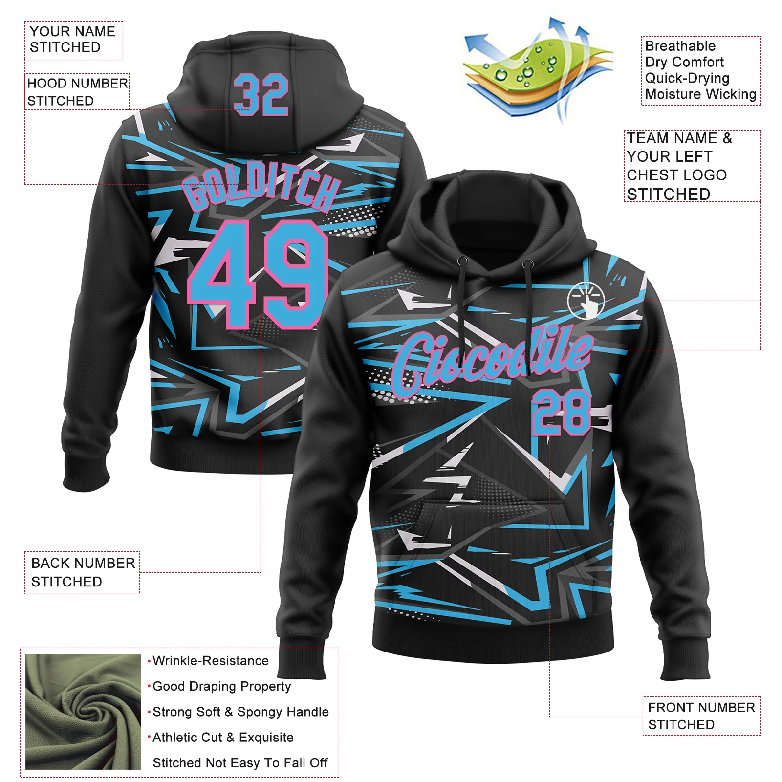 Custom Stitched Black Sky Blue Pink-White 3D Pattern Design Line Sports Pullover Sweatshirt Hoodie - Image 2