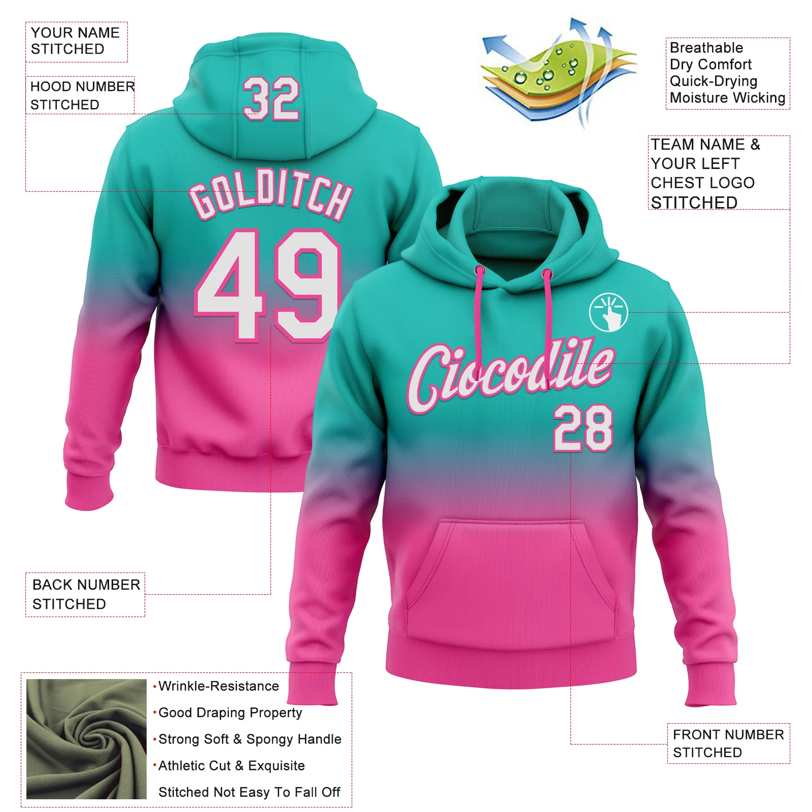 Custom Stitched Aqua White-Pink Fade Fashion Sports Pullover Sweatshirt Hoodie - Image 2