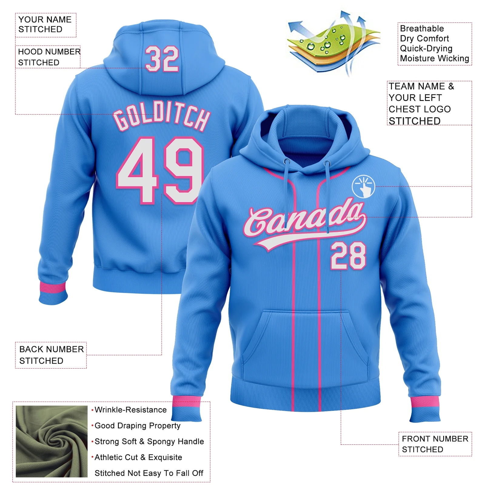 Custom Stitched Powder Blue White-Pink Baseball Pullover Sweatshirt Hoodie - Image 2