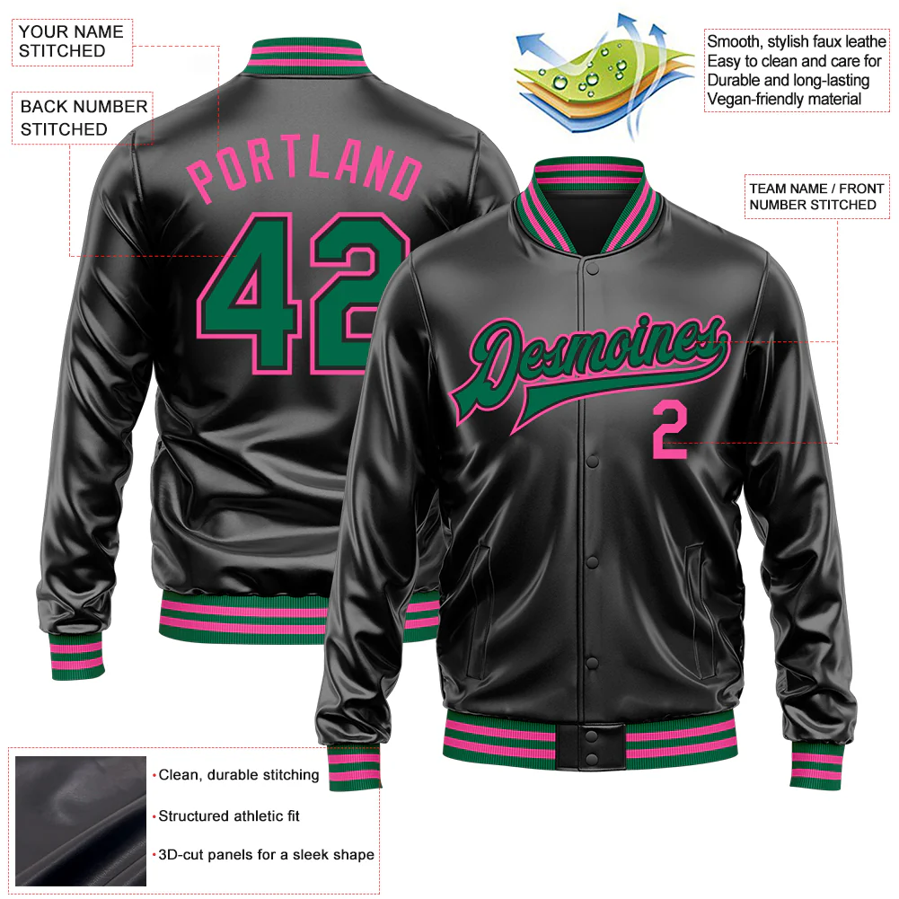 Custom Black Kelly Green-Pink Bomber Full-Snap Varsity Faux Leather Letterman Jacket - Image 2