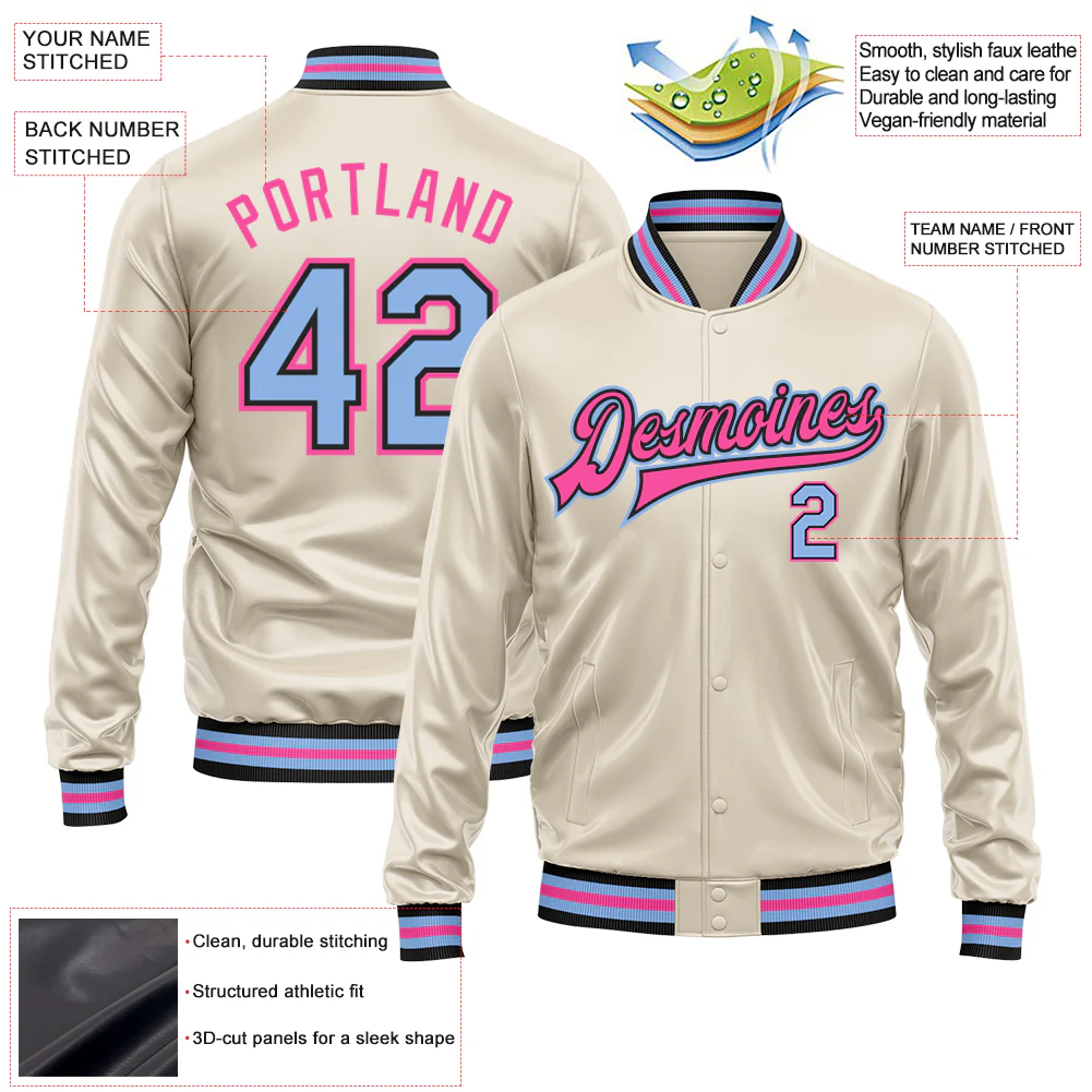 Custom Cream Light Blue Pink-Black Bomber Full-Snap Varsity Faux Leather Letterman Jacket - Image 2