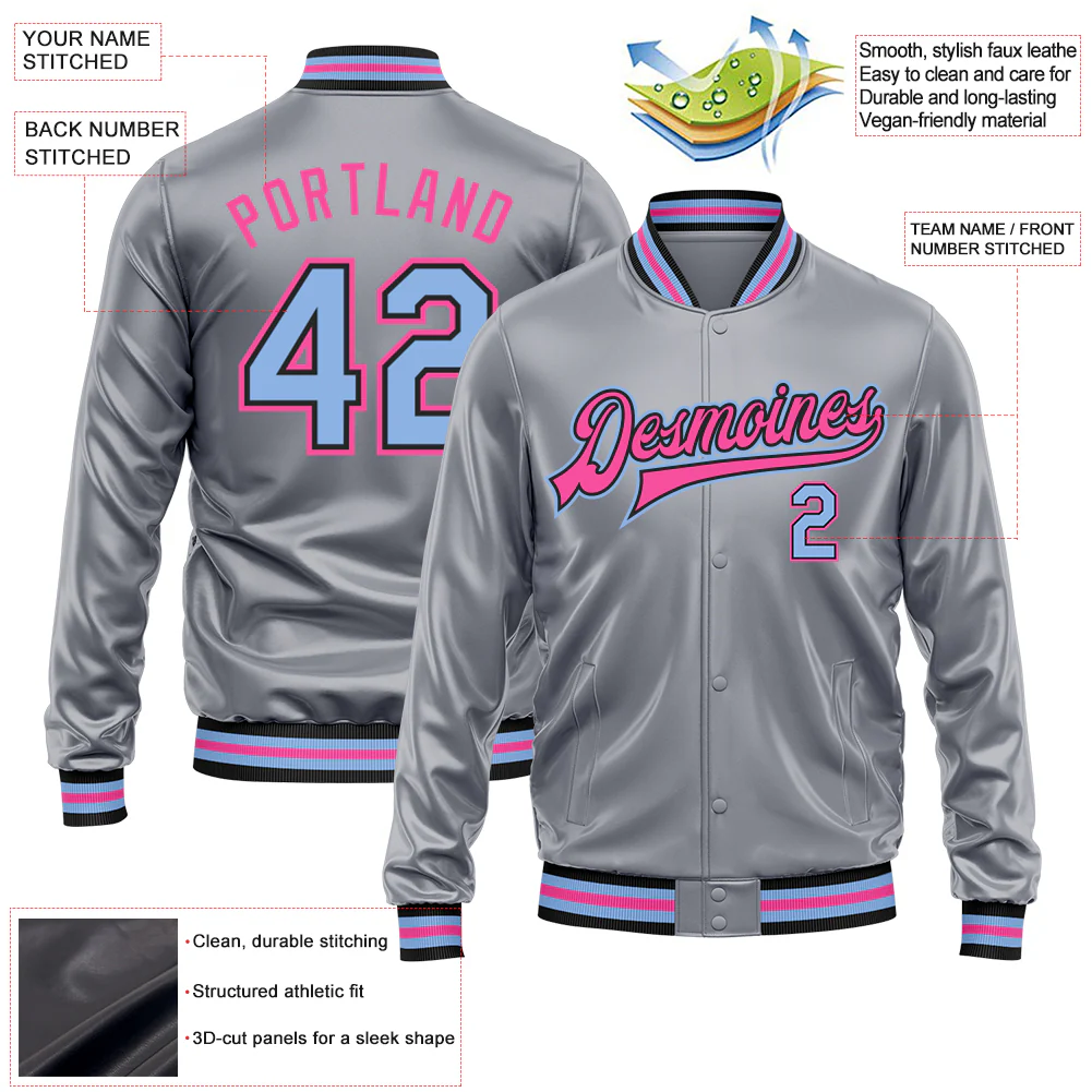 Custom Gray Light Blue Pink-Black Bomber Full-Snap Varsity Faux Leather Letterman Jacket - Image 2