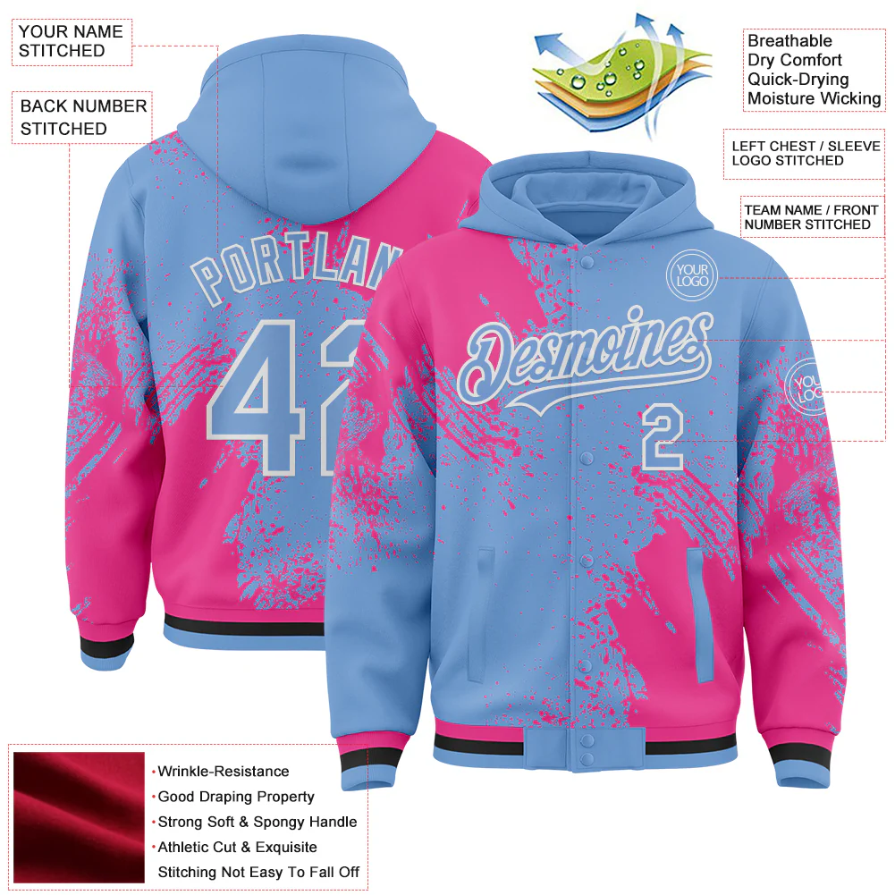 Custom Light Blue Pink-White Abstract Brush Stroke 3D Pattern Design Bomber Full-Snap Varsity Letterman Hoodie Jacket - Image 4