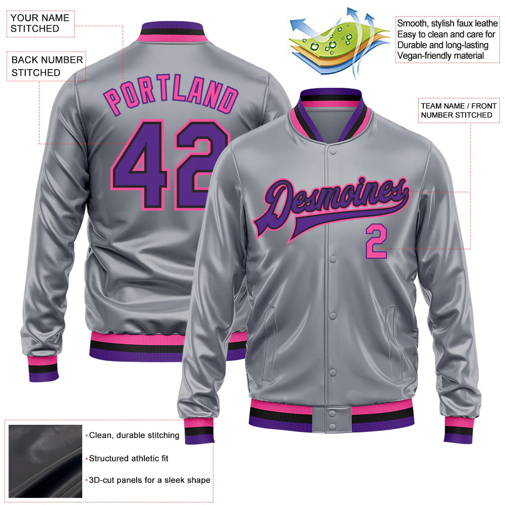 Custom Gray Purple Pink-Black Bomber Full-Snap Varsity Faux Leather Letterman Jacket - Image 2