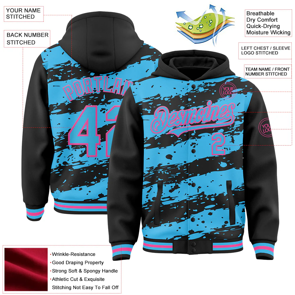 Custom Black Sky Blue-Pink Splash 3D Pattern Design Bomber Full-Snap Varsity Letterman Hoodie Jacket - Image 4