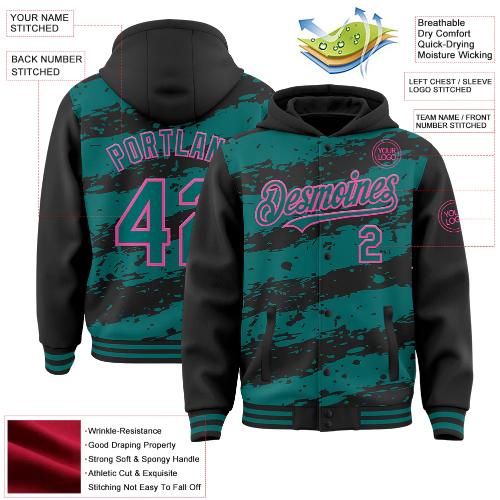 Custom Black Teal-Pink Splash 3D Pattern Design Bomber Full-Snap Varsity Letterman Hoodie Jacket - Image 4