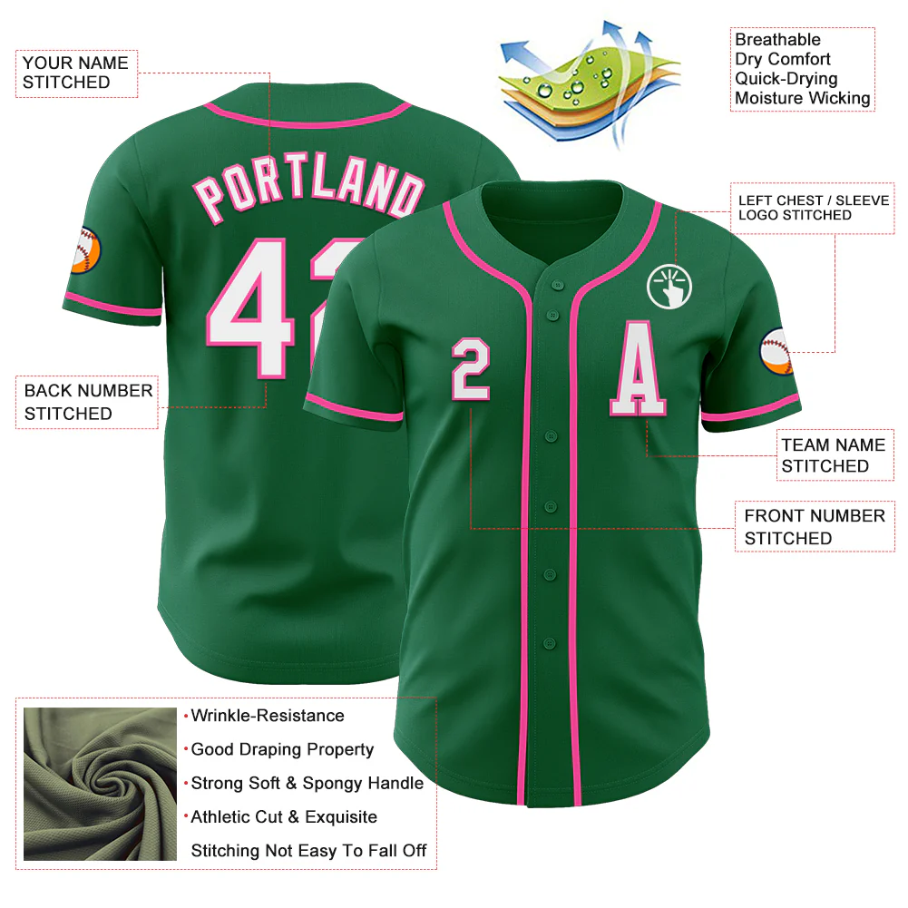 Custom Kelly Green White-Pink Authentic Baseball Jersey - Image 2
