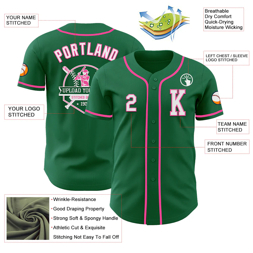 Custom Kelly Green White-Pink Authentic Baseball Jersey - Image 6