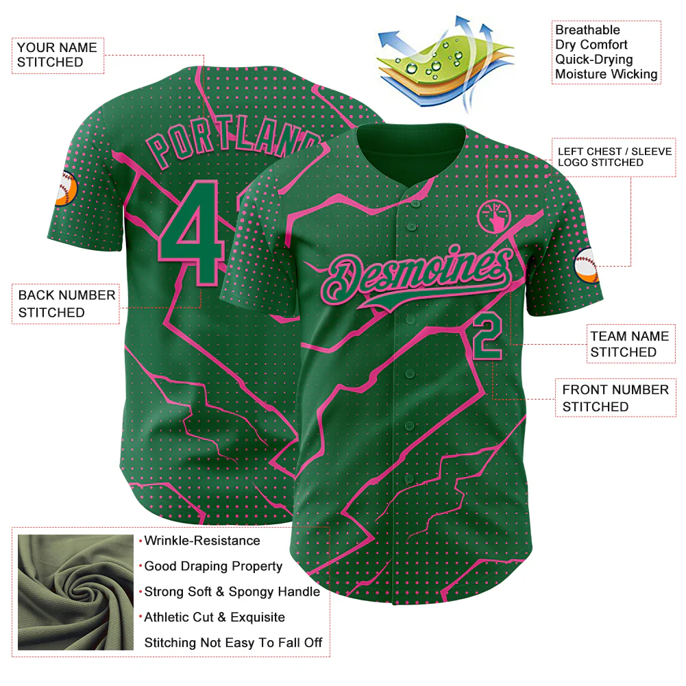 Custom Kelly Green Pink Lightning Polka Dot Authentic Baseball Jersey - Image 3