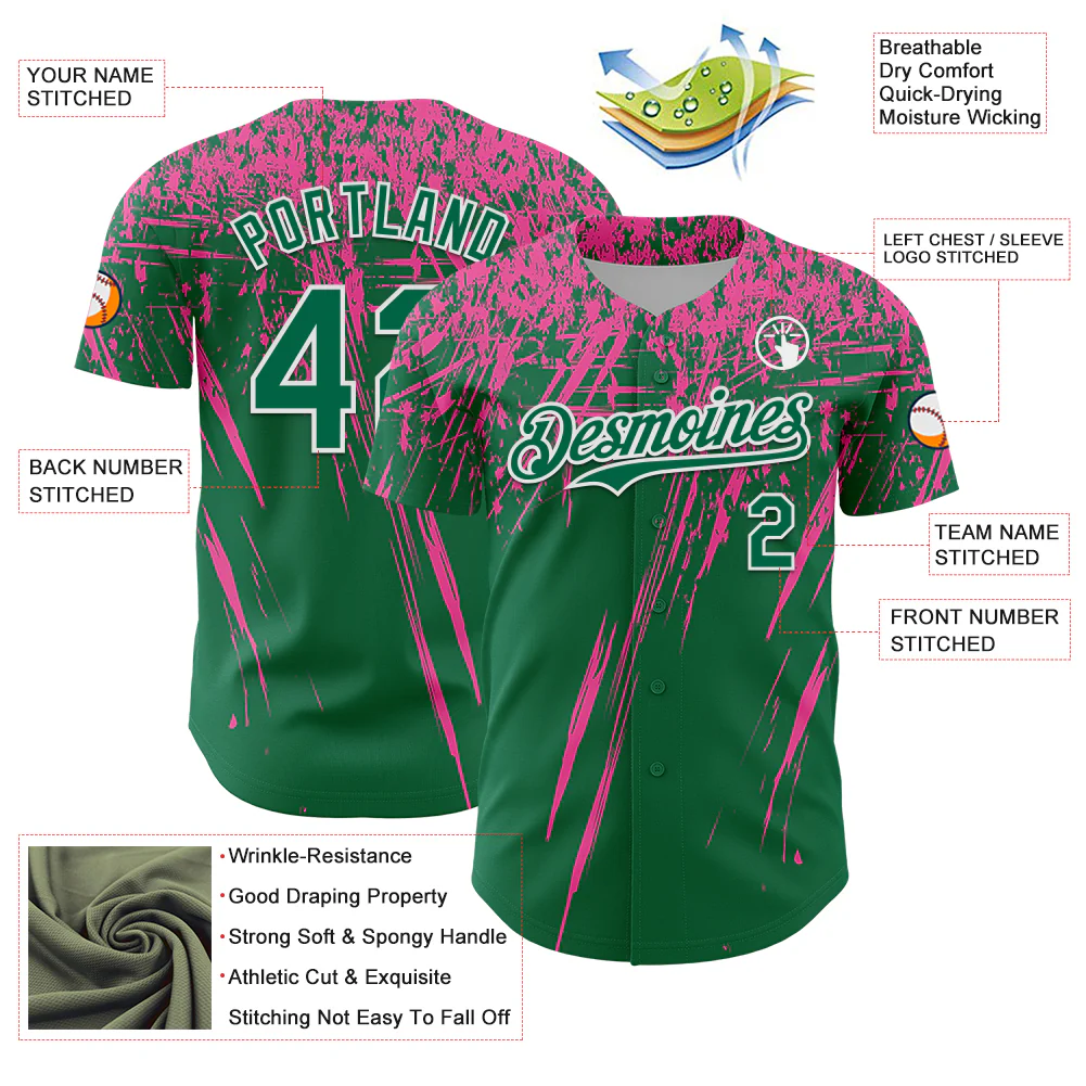 Custom Kelly Green Pink-White Distressed Scratch Brush Stroke Authentic Baseball Jersey - Image 3