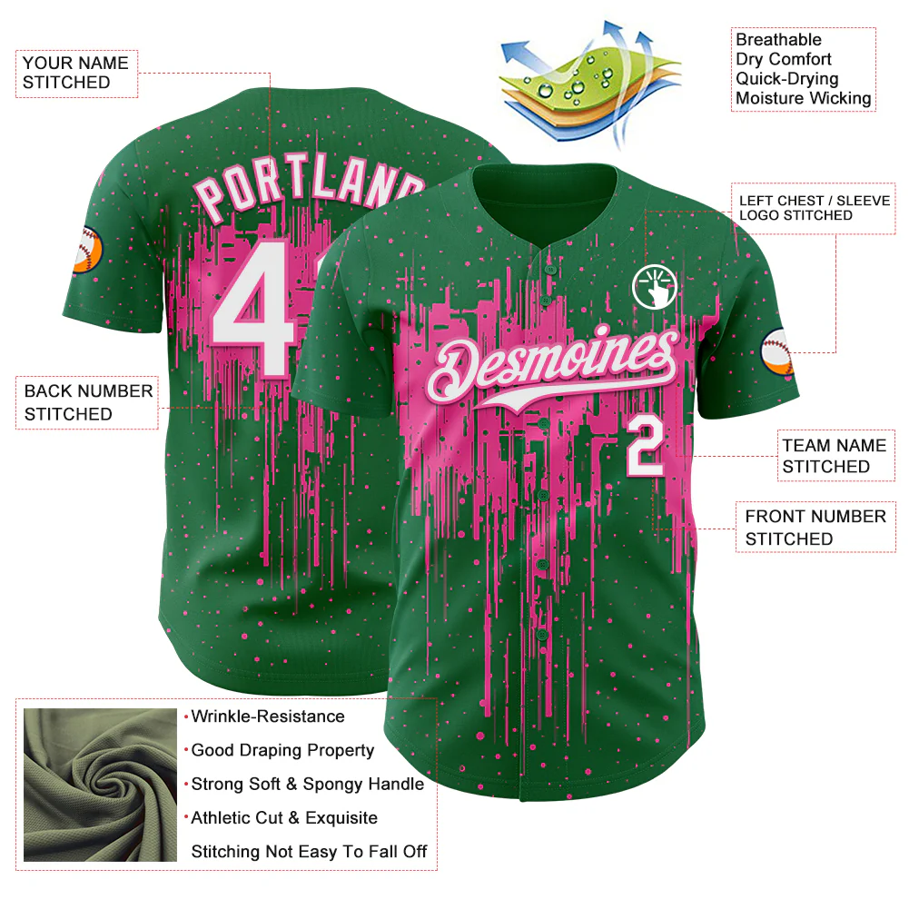 Custom Kelly Green White-Pink Dripping Splatter Paint Authentic Baseball Jersey - Image 3