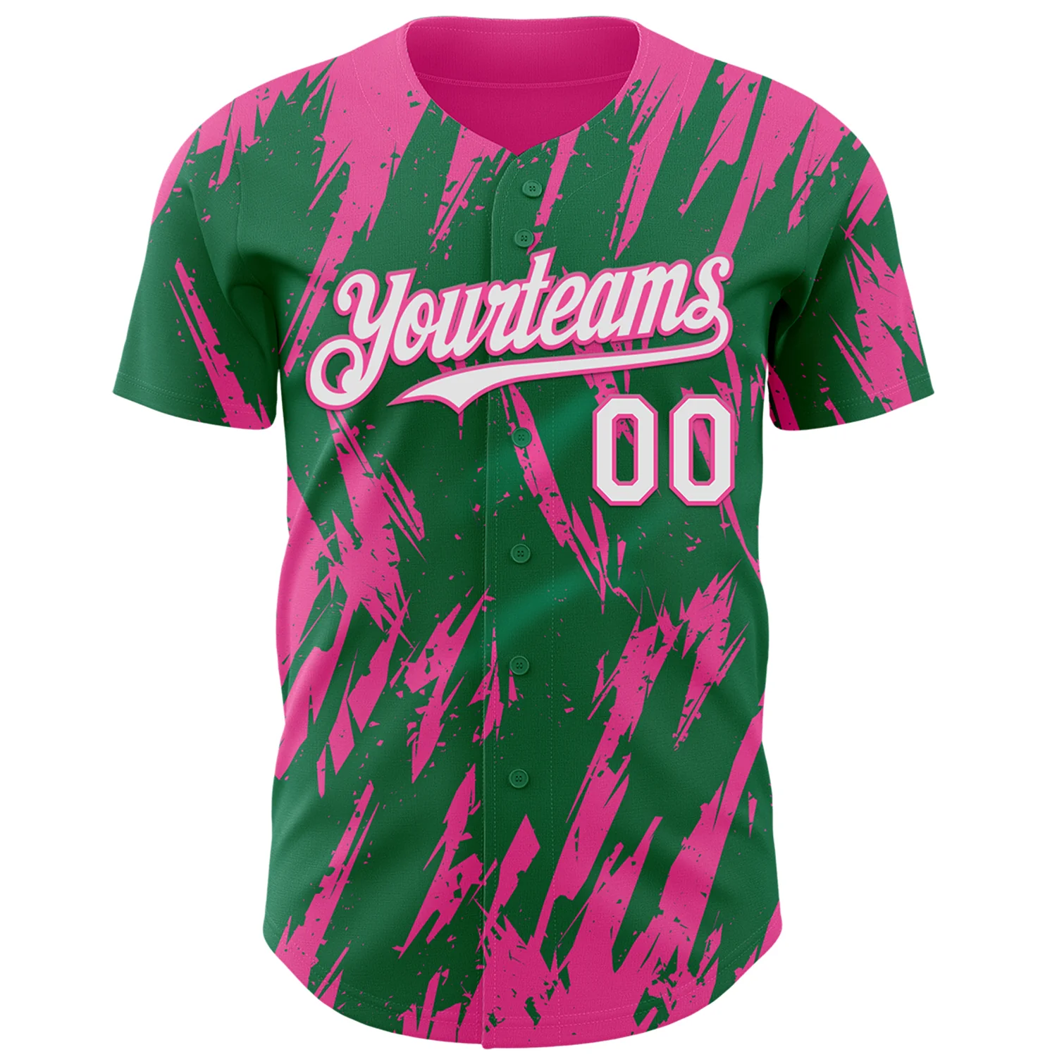 Custom Kelly Green White-Pink Splatter Torn Sharp Brush Stroke Authentic Baseball Jersey - Image 2