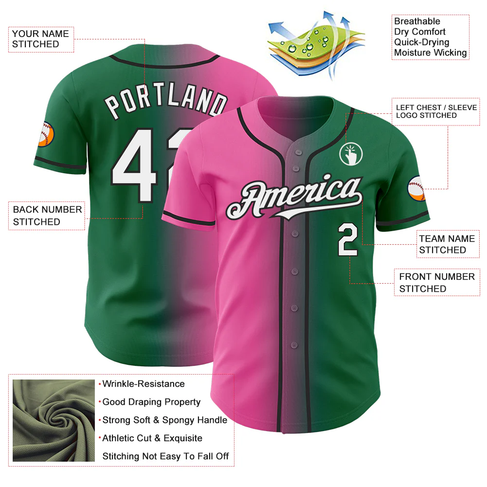 Custom Kelly Green White Pink-Black Authentic Gradient Fashion Baseball Jersey - Image 3