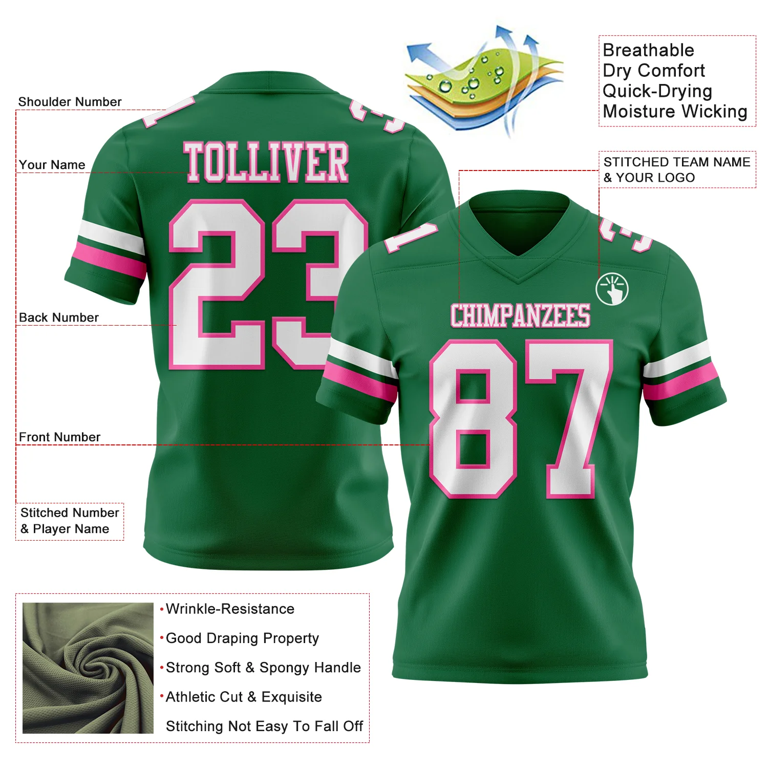 Custom Kelly Green White-Pink Authentic Football Jersey - Image 3