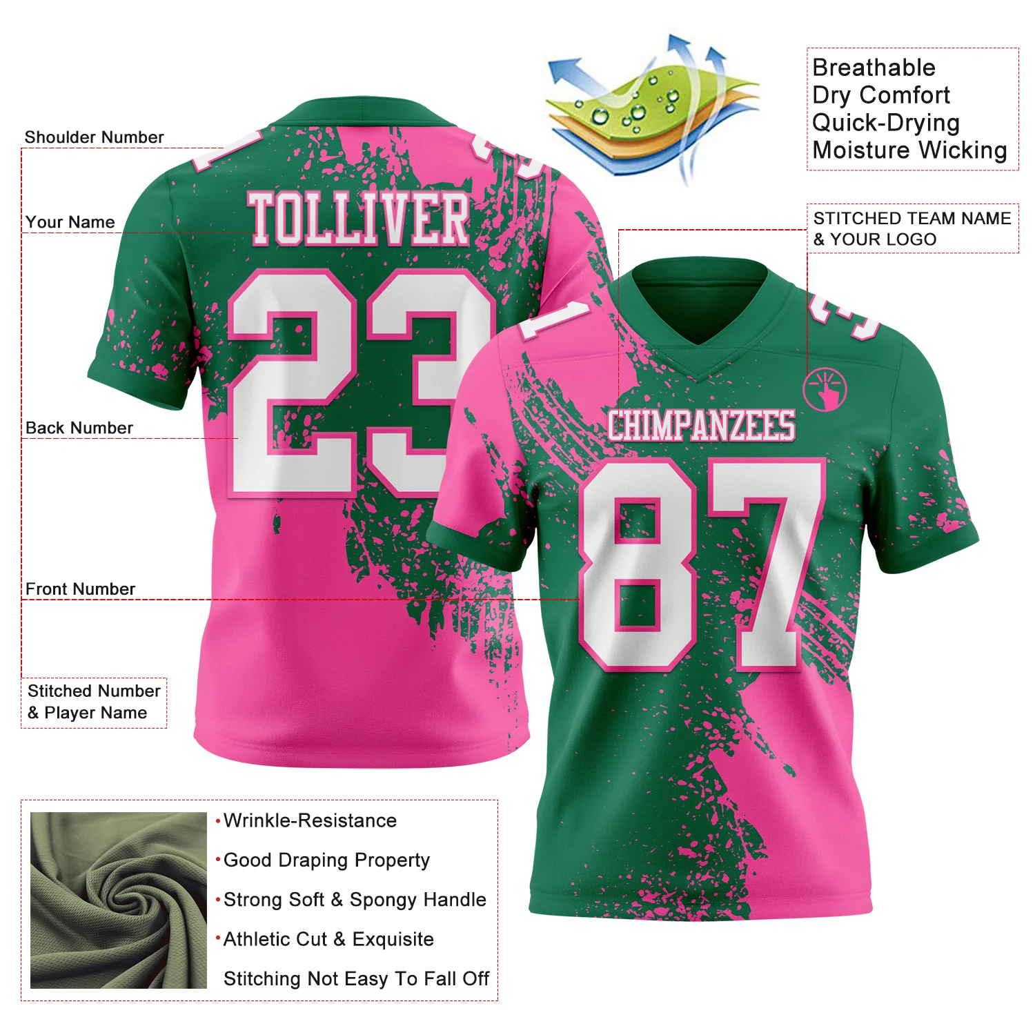 Custom Kelly Green White-Pink 3D Pattern Abstract Brush Stroke Authentic Football Jersey - Image 2