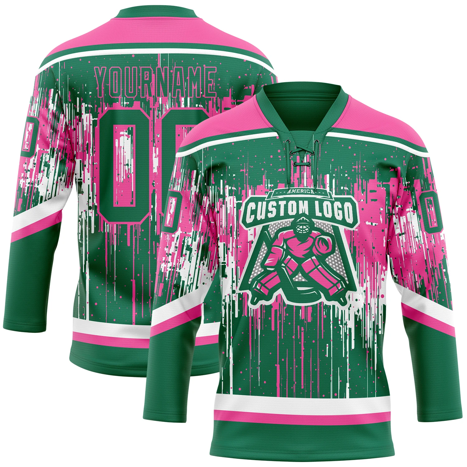 Custom Kelly Green Pink-White Dripping Splatter Pattern Hockey Lace Neck Jersey - Image 2