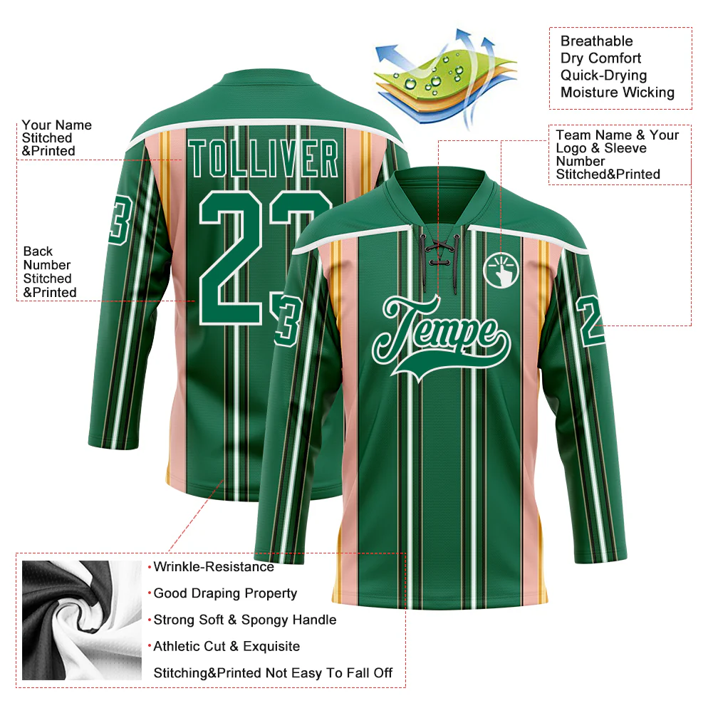 Custom Kelly Green Pink Yellow Black-White Stripe Hockey Lace Neck Jersey - Image 5