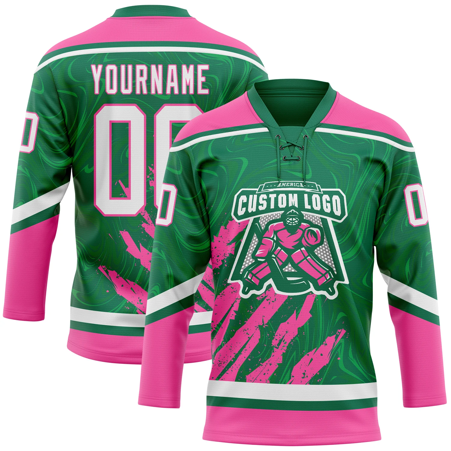 Custom Kelly Green White-Pink 3D Splash Art Hockey Lace Neck Jersey - Image 2