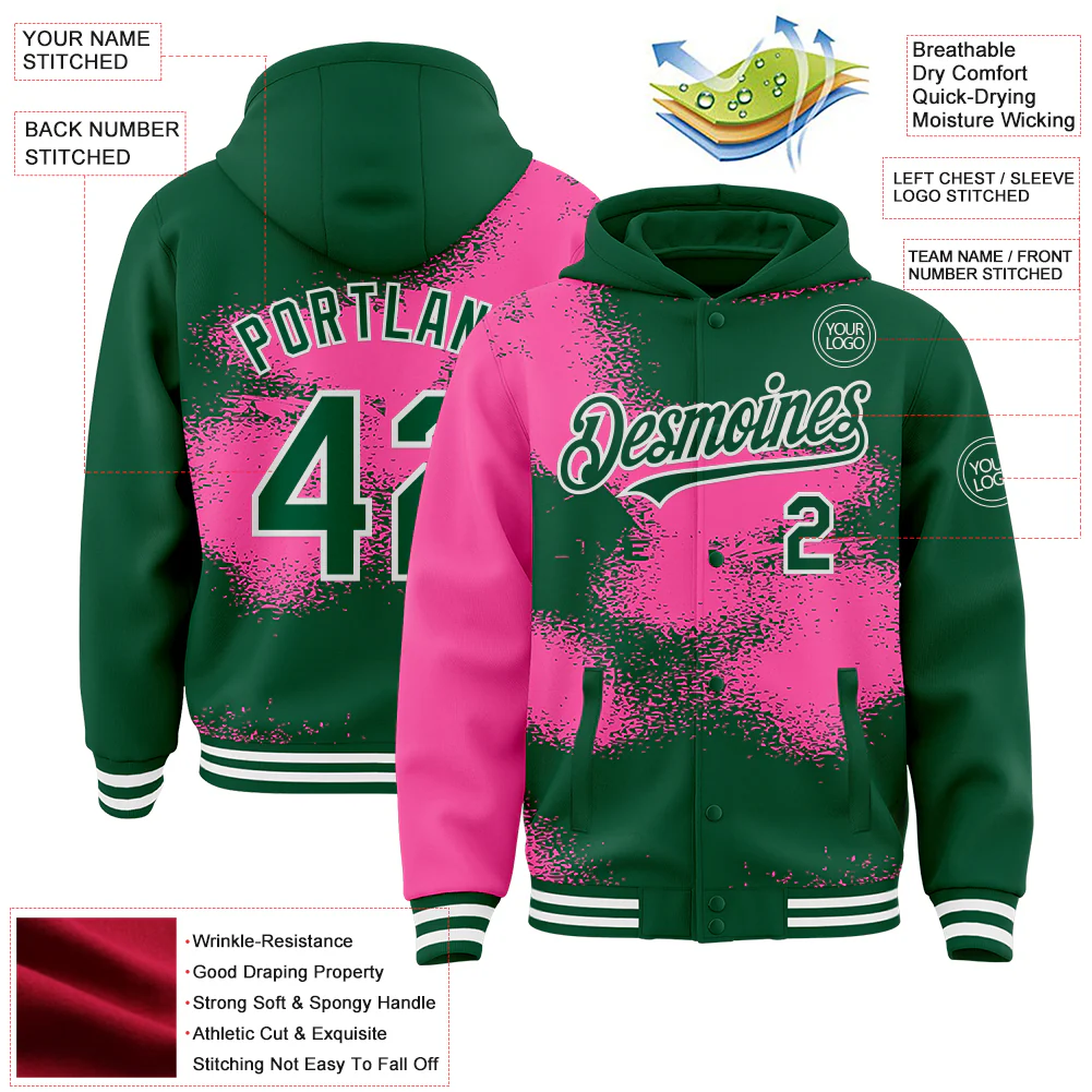 Custom Kelly Green Pink-White Abstract Color Blocks Fragment Pattern Bomber Full-Snap Varsity Letterman Hoodie Jacket - Image 4