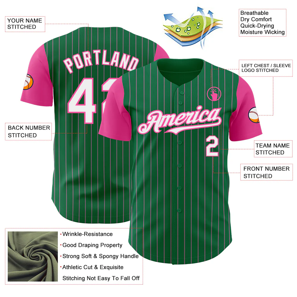 Custom Kelly Green Pink Pinstripe White Authentic Two Tone Baseball Jersey - Image 3