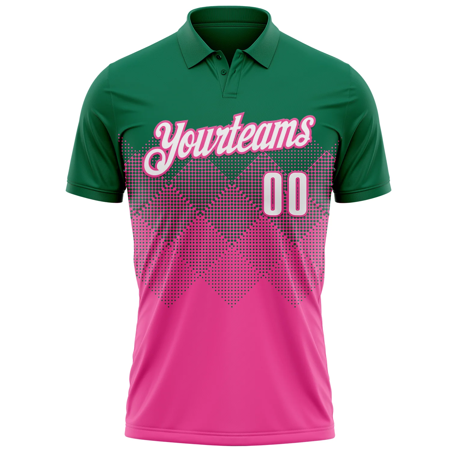 Custom Kelly Green White-Pink 3D Gradient Square Shape Performance Polo Shirt - Image 2