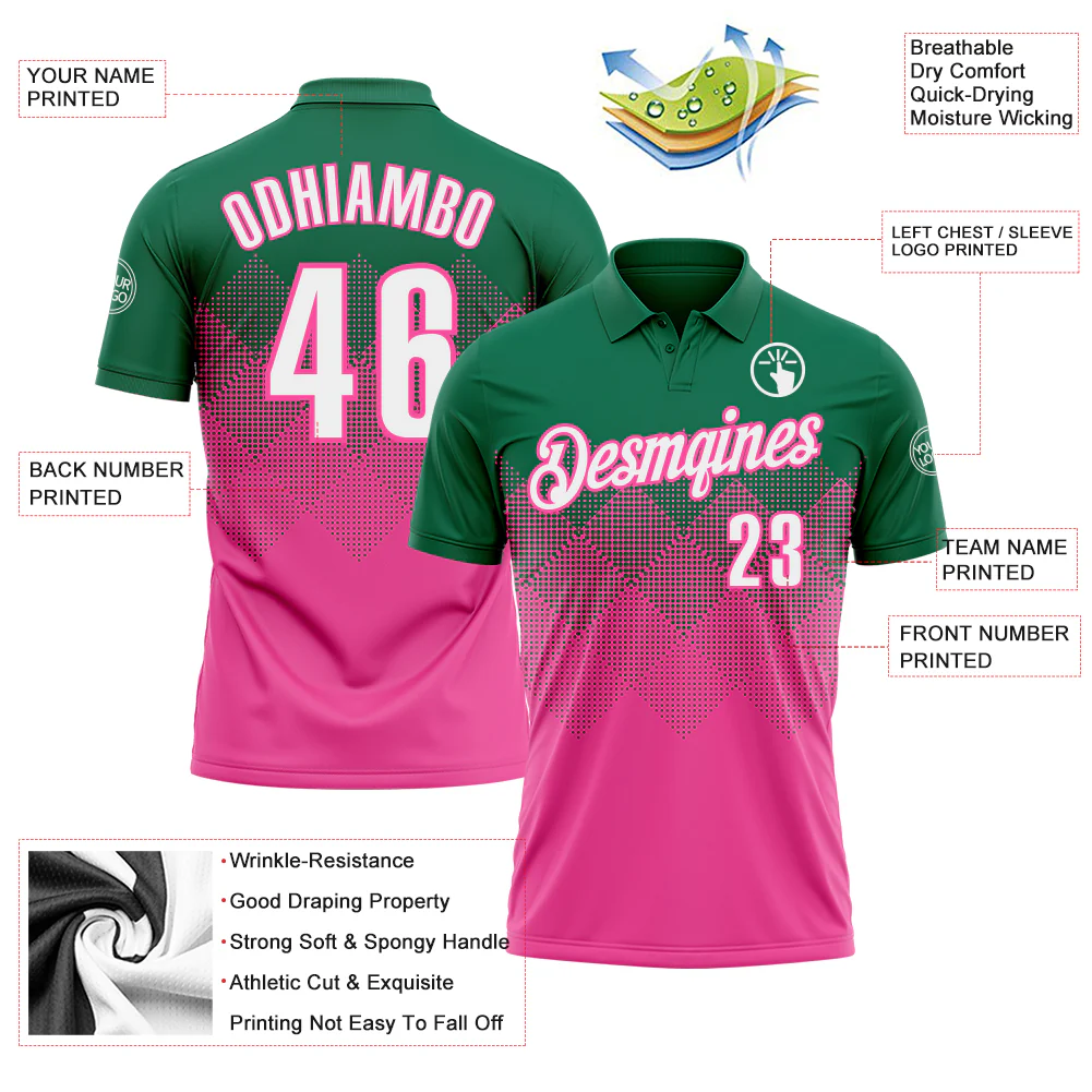 Custom Kelly Green White-Pink 3D Gradient Square Shape Performance Polo Shirt - Image 3