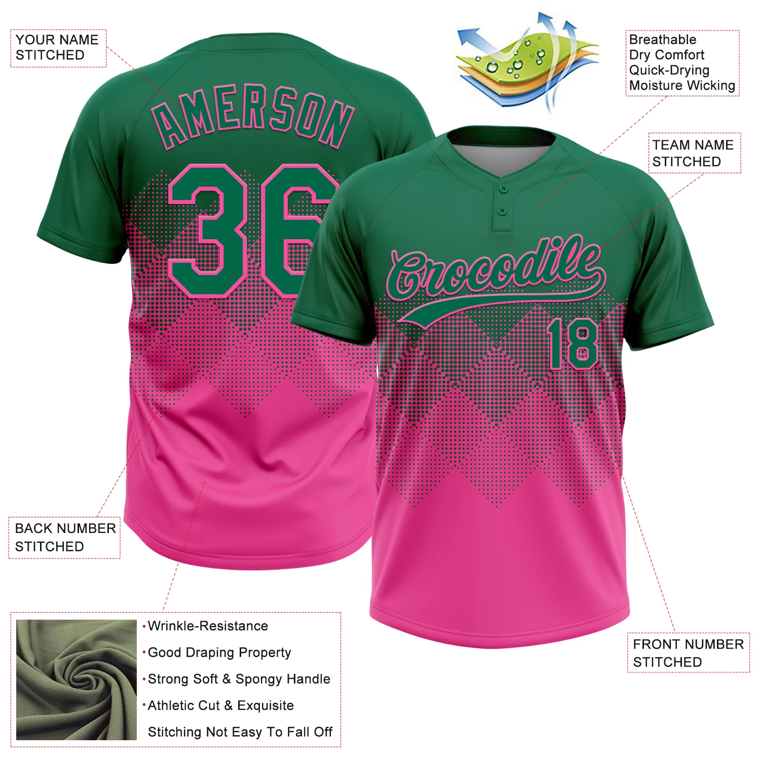 Custom Kelly Green Pink 3D Gradient Square Shape Two-Button Unisex Softball Jersey - Image 3