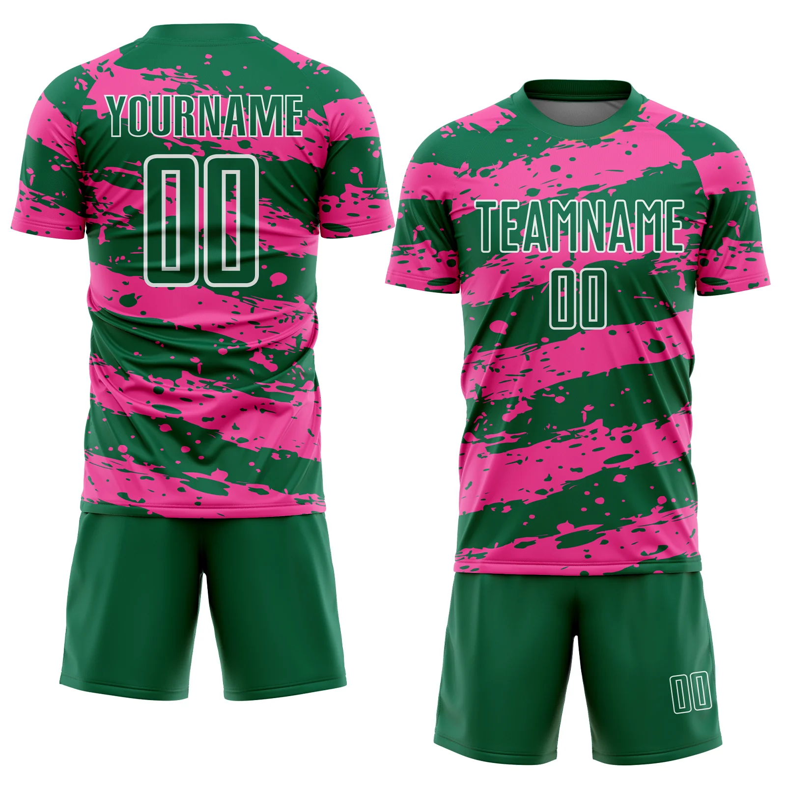 Custom Kelly Green Pink-White Splash Sublimation Soccer Uniform Jersey - Image 2