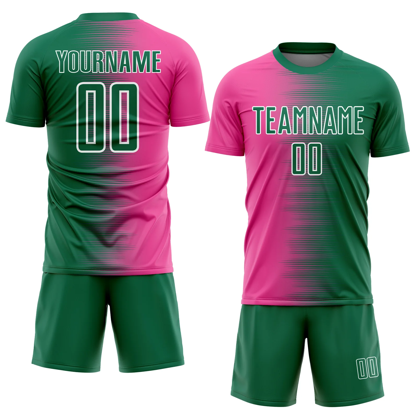 Custom Kelly Green Pink-White Gradient Line Sublimation Soccer Uniform Jersey - Image 2