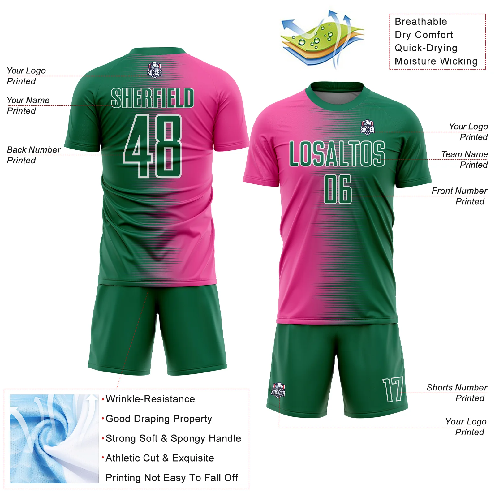 Custom Kelly Green Pink-White Gradient Line Sublimation Soccer Uniform Jersey - Image 4