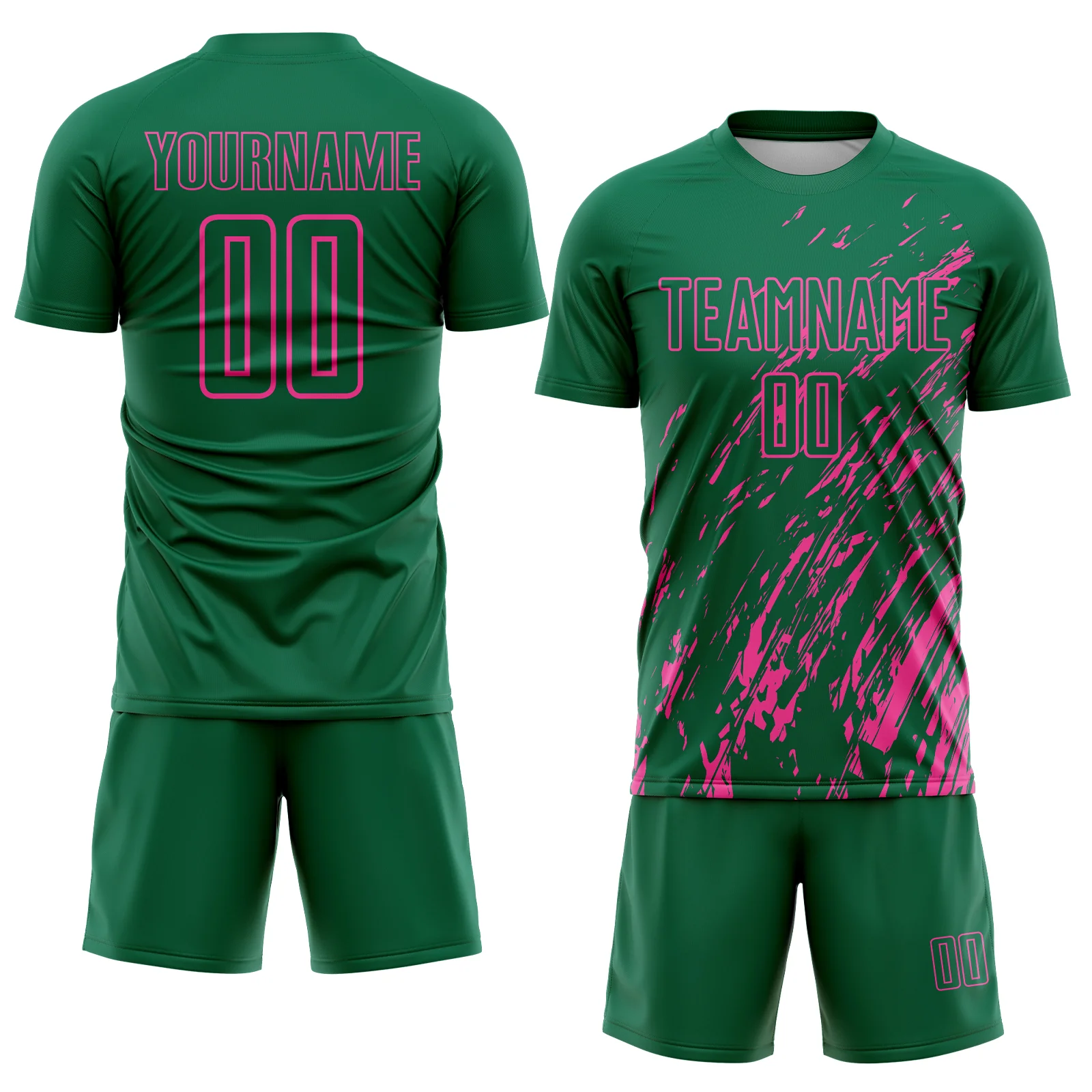 Custom Kelly Green Pink Splash Sublimation Soccer Uniform Jersey - Image 2