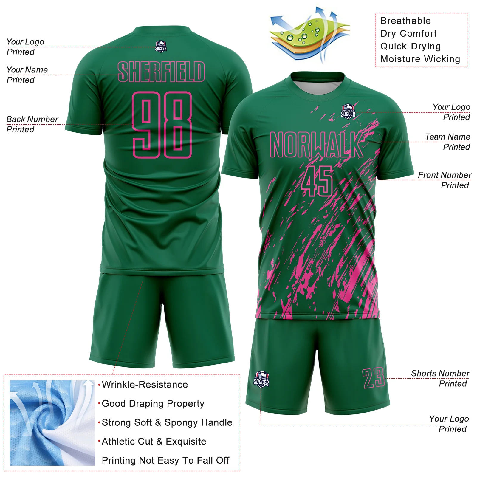 Custom Kelly Green Pink Splash Sublimation Soccer Uniform Jersey - Image 4