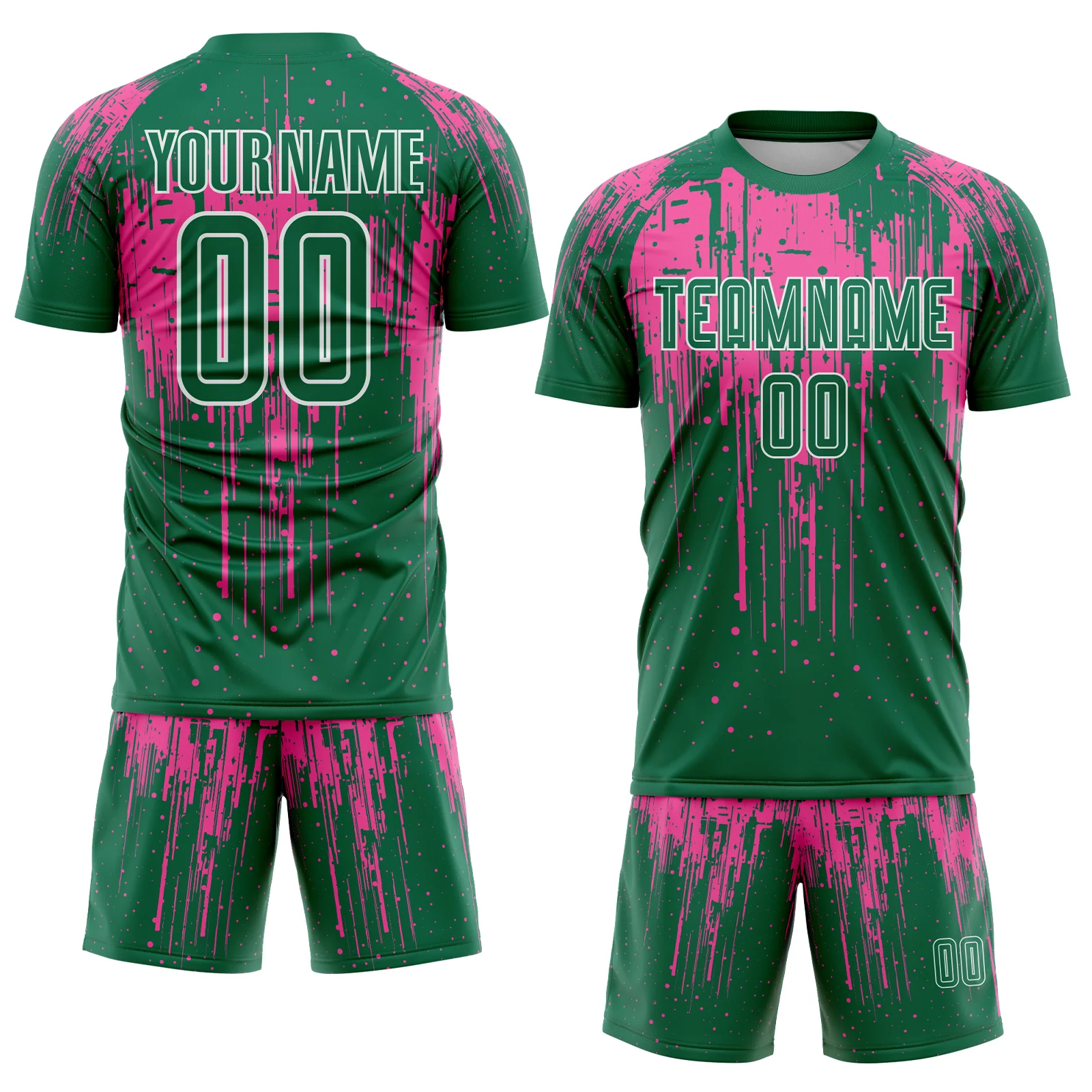Custom Kelly Green Pink-White Dripping Splatte Pattern Sports Sublimation Soccer Uniform Jersey - Image 2