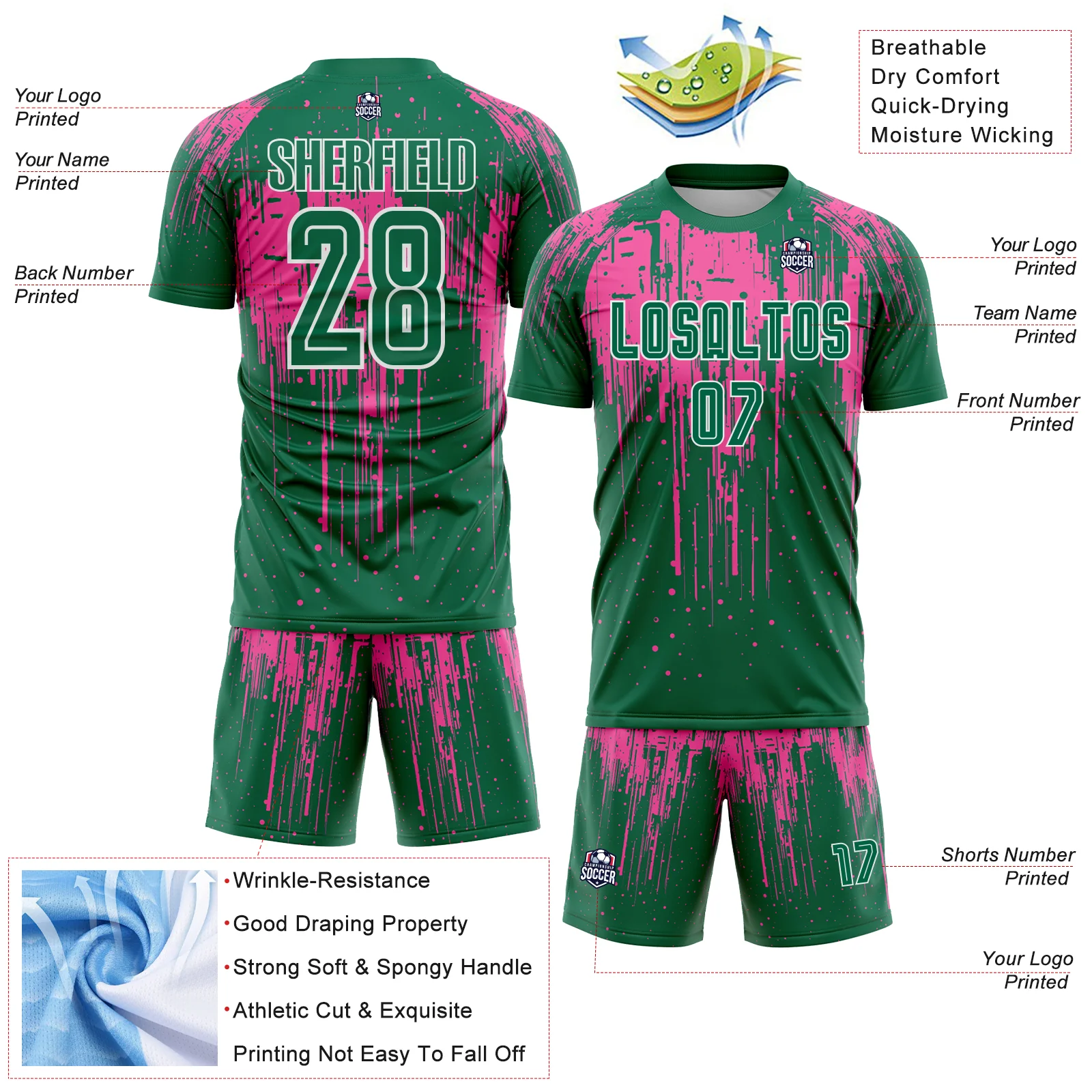 Custom Kelly Green Pink-White Dripping Splatte Pattern Sports Sublimation Soccer Uniform Jersey - Image 4
