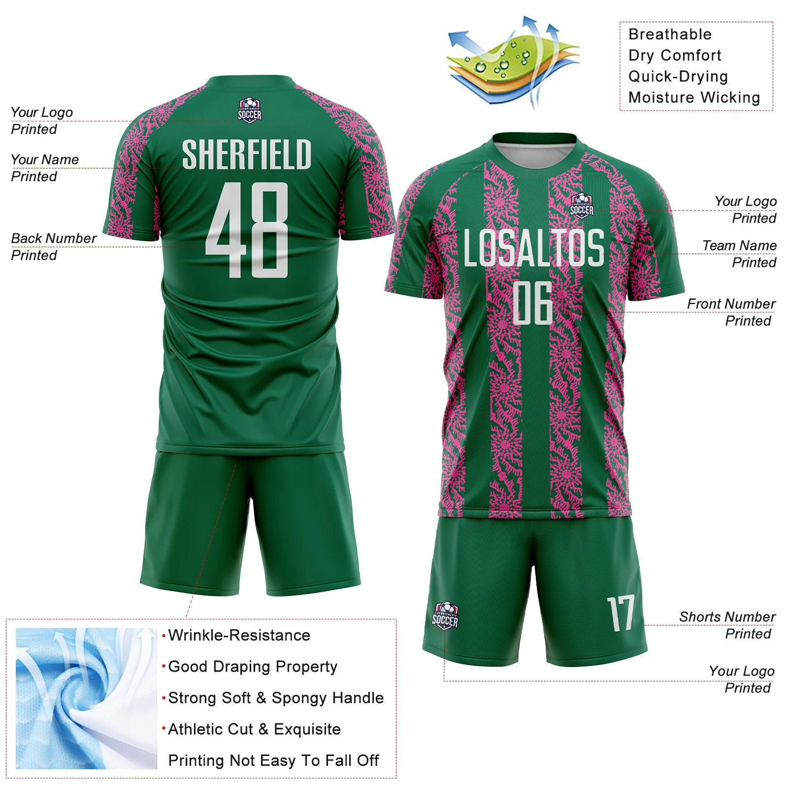 Custom Kelly Green White-Pink Abstract Shape Sublimation Soccer Uniform Jersey - Image 4
