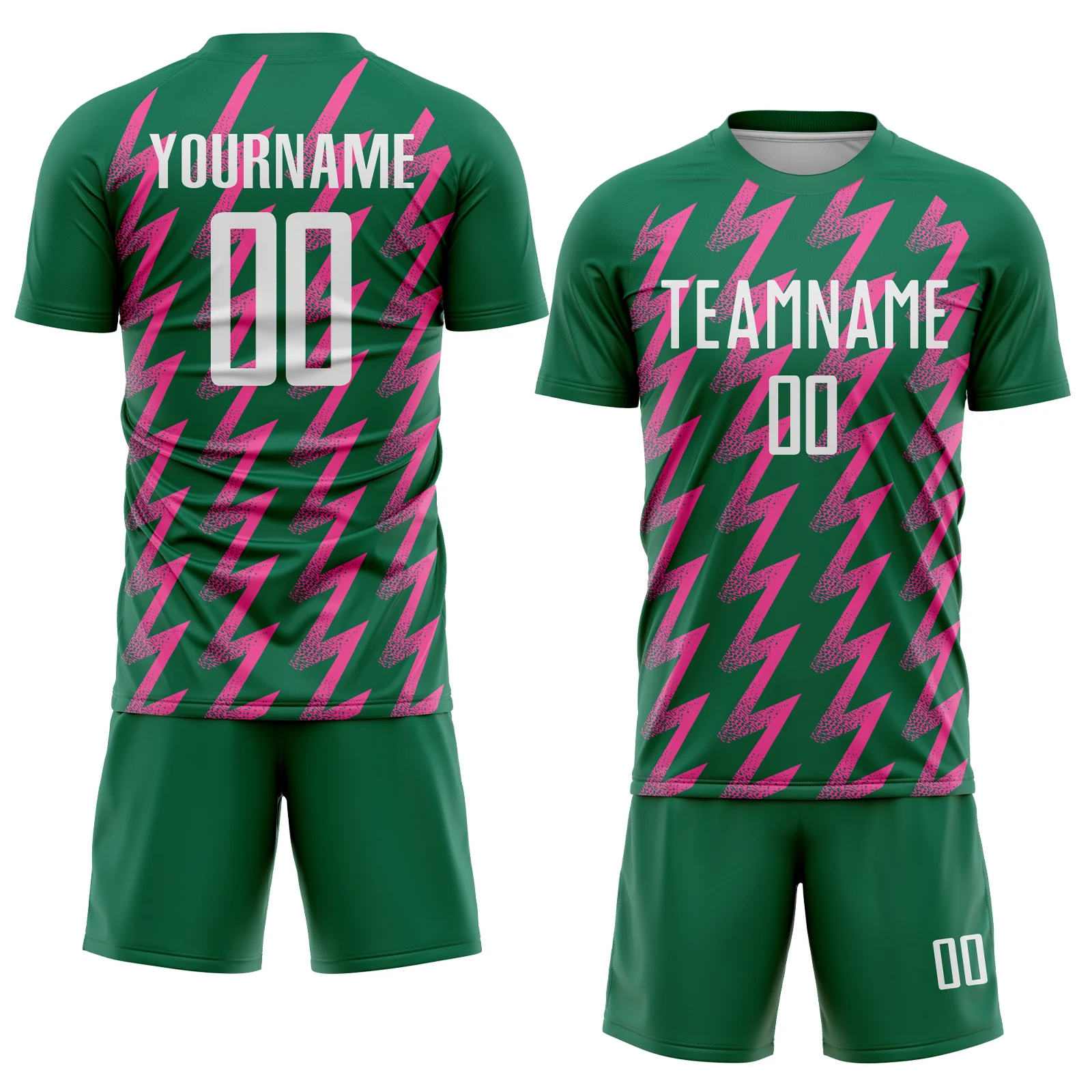 Custom Kelly Green White-Pink Zigzag Shape Sublimation Soccer Uniform Jersey - Image 2