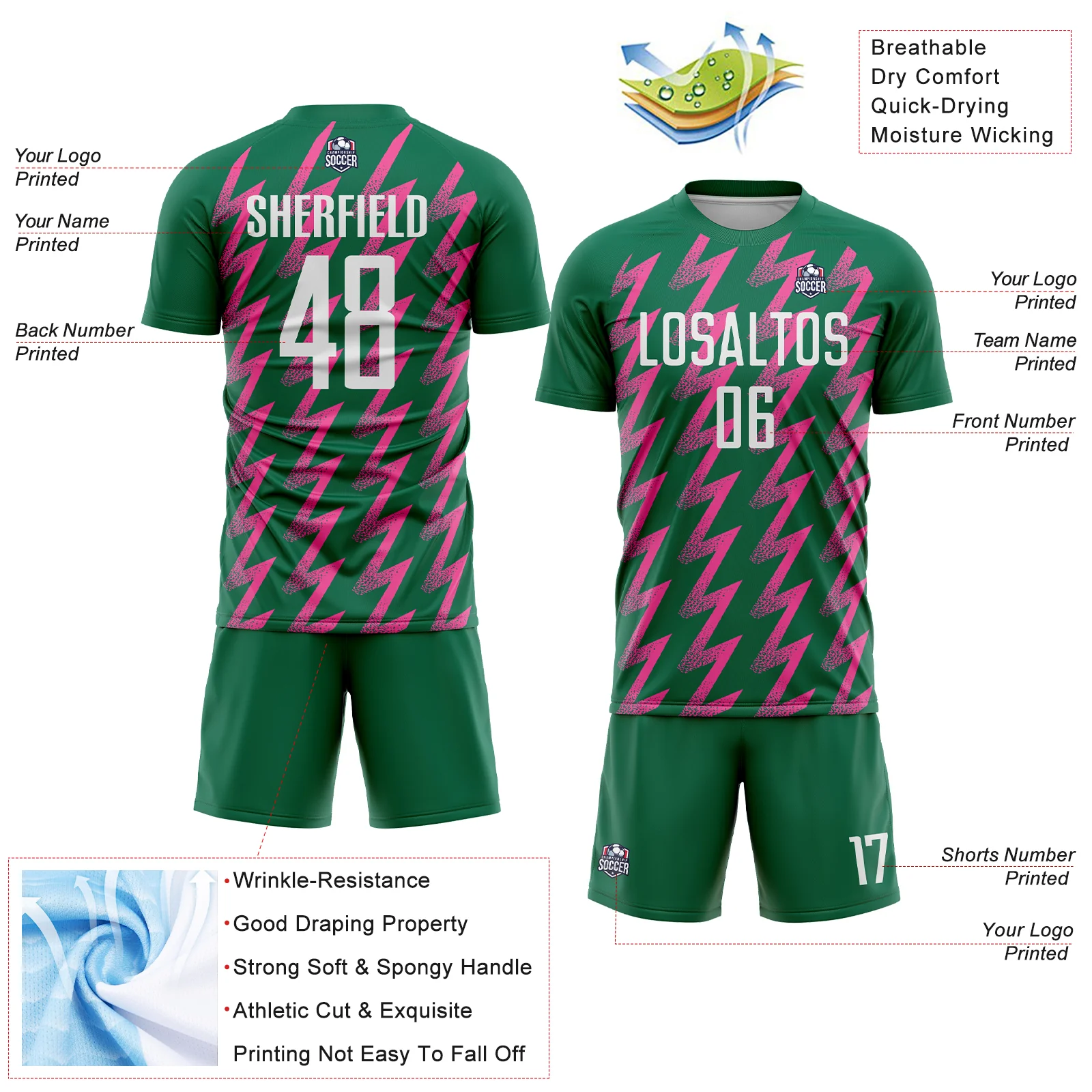 Custom Kelly Green White-Pink Zigzag Shape Sublimation Soccer Uniform Jersey - Image 4