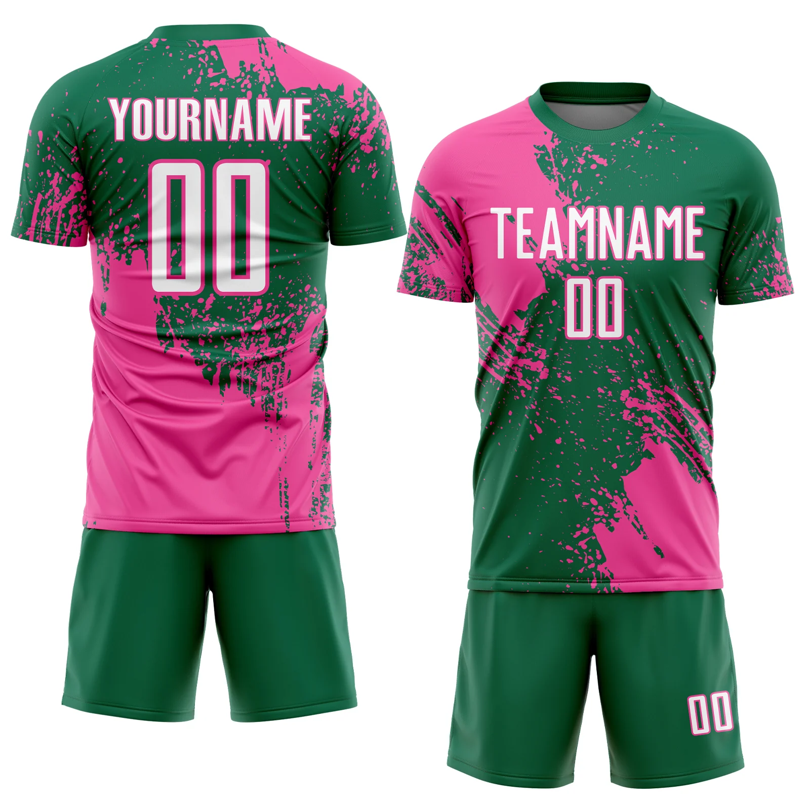 Custom Kelly Green White-Pink Abstract Brush Stroke Sports Sublimation Soccer Uniform Jersey - Image 2