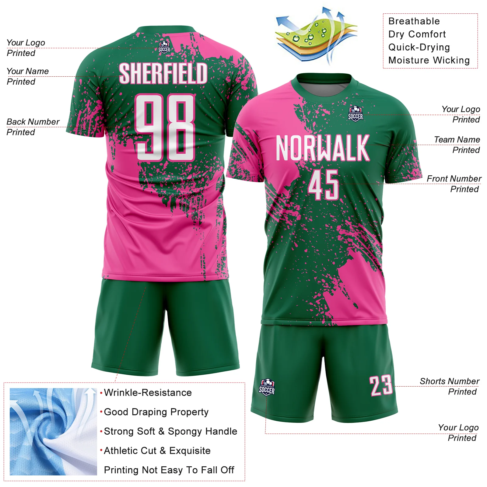 Custom Kelly Green White-Pink Abstract Brush Stroke Sports Sublimation Soccer Uniform Jersey - Image 4