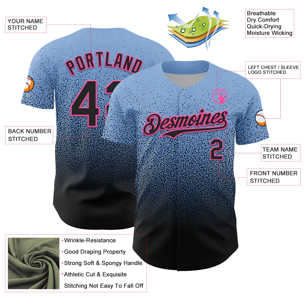 Custom Light Blue Black-Pink Fade Fashion Speckle Authentic Baseball Jersey - Image 3