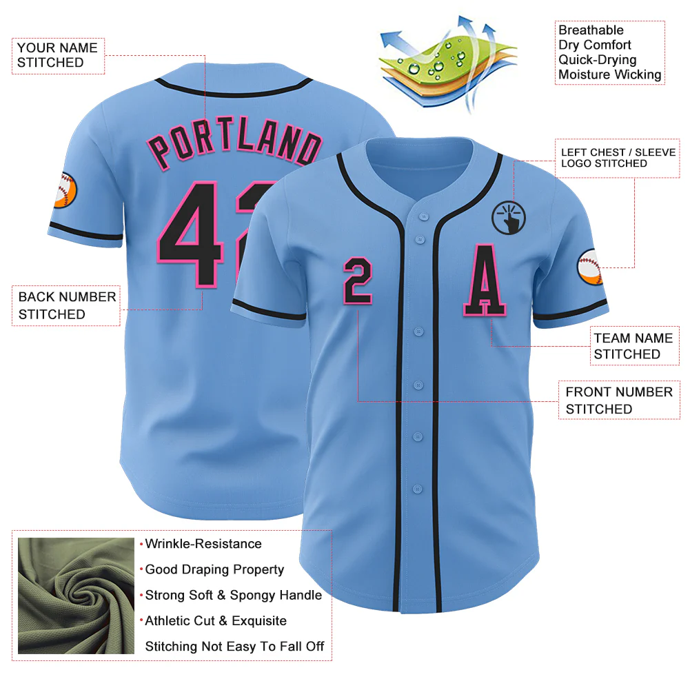 Custom Light Blue Black-Pink Authentic Baseball Jersey - Image 2