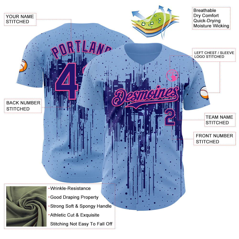 Custom Light Blue Dark Purple-Pink Dripping Splatter Paint Authentic Baseball Jersey - Image 3