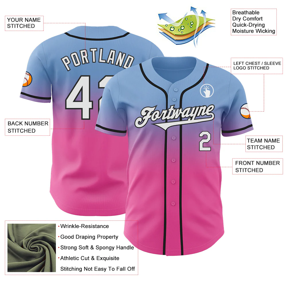Custom Light Blue White Pink-Black Authentic Fade Fashion Baseball Jersey - Image 3