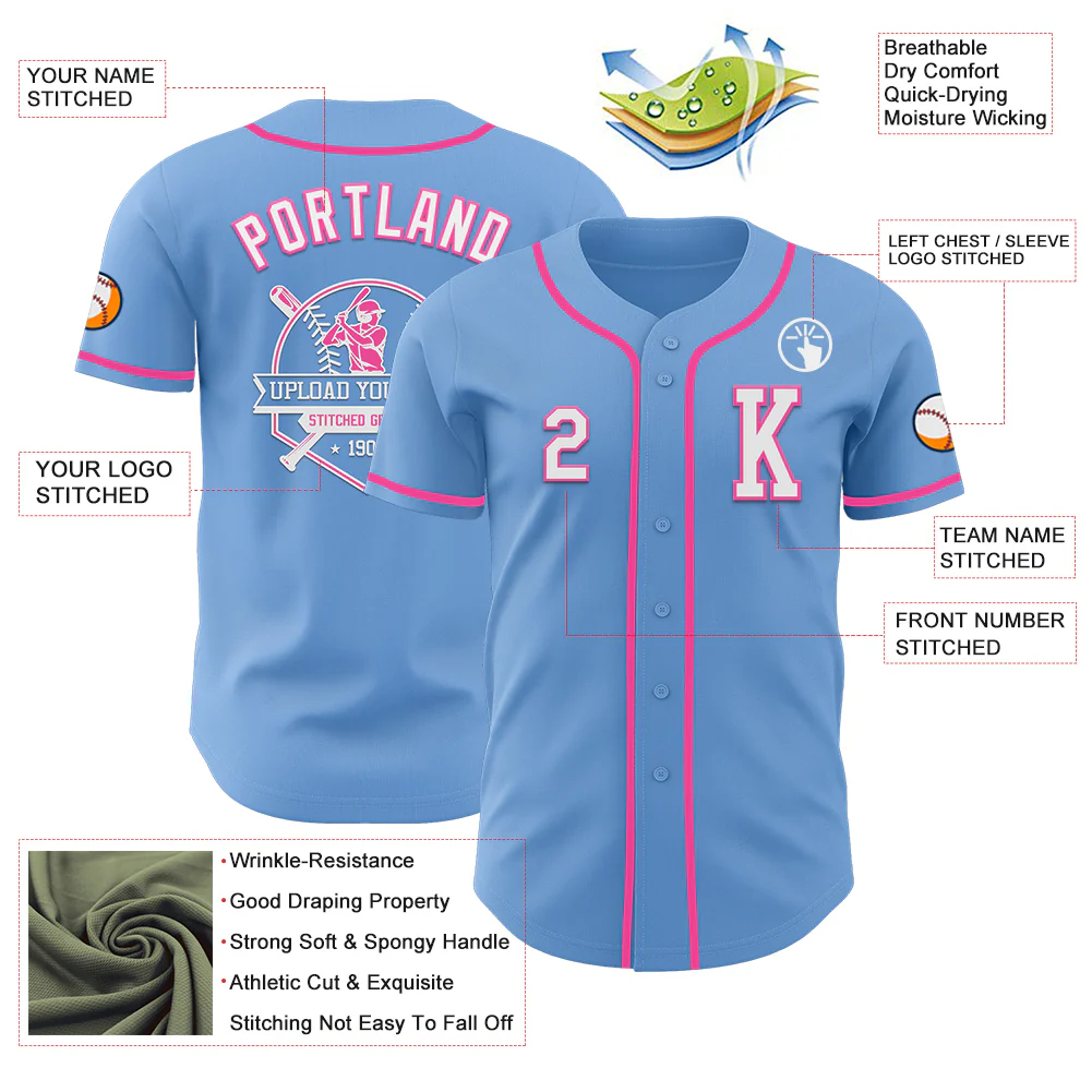 Custom Light Blue White-Pink Authentic Baseball Jersey - Image 6