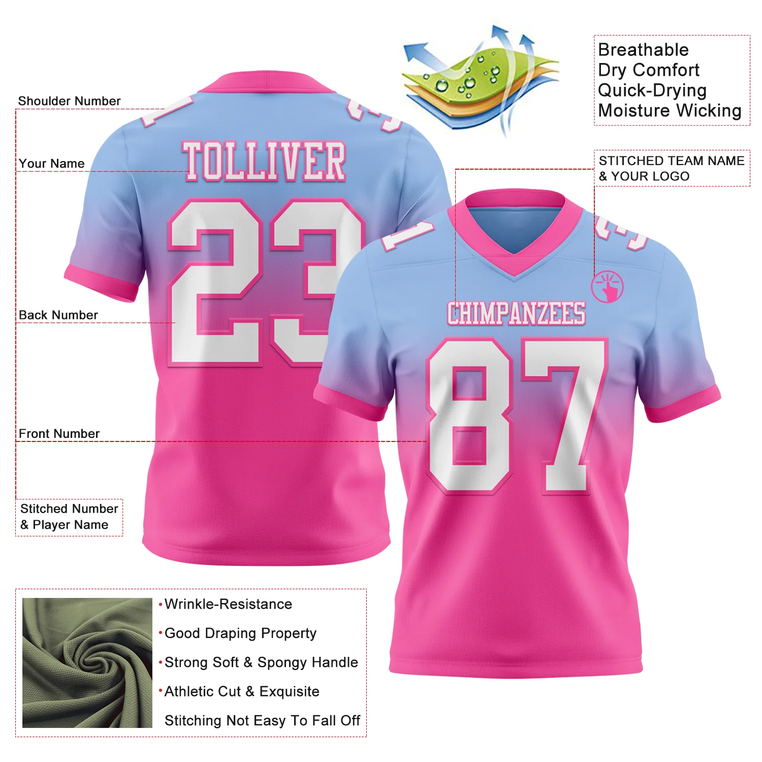 Custom Light Blue White-Pink Authentic Fade Fashion Football Jersey - Image 2