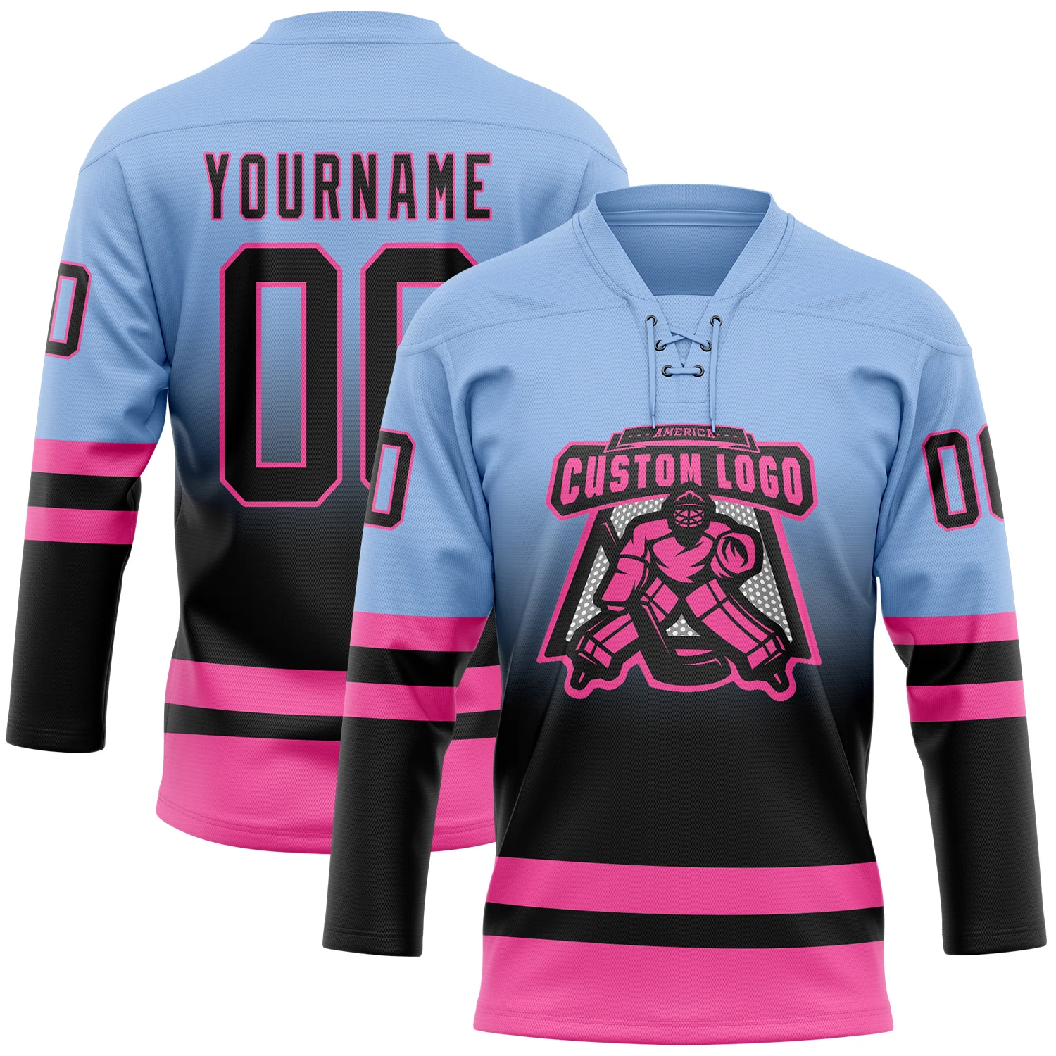 Custom Light Blue Black-Pink Fade Fashion Hockey Lace Neck Jersey - Image 2