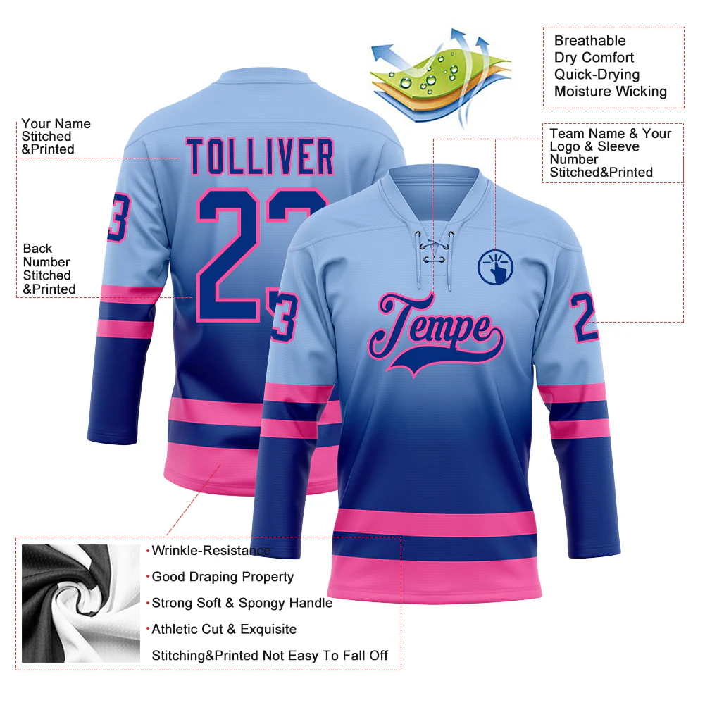 Custom Light Blue Royal-Pink Fade Fashion Hockey Lace Neck Jersey - Image 5