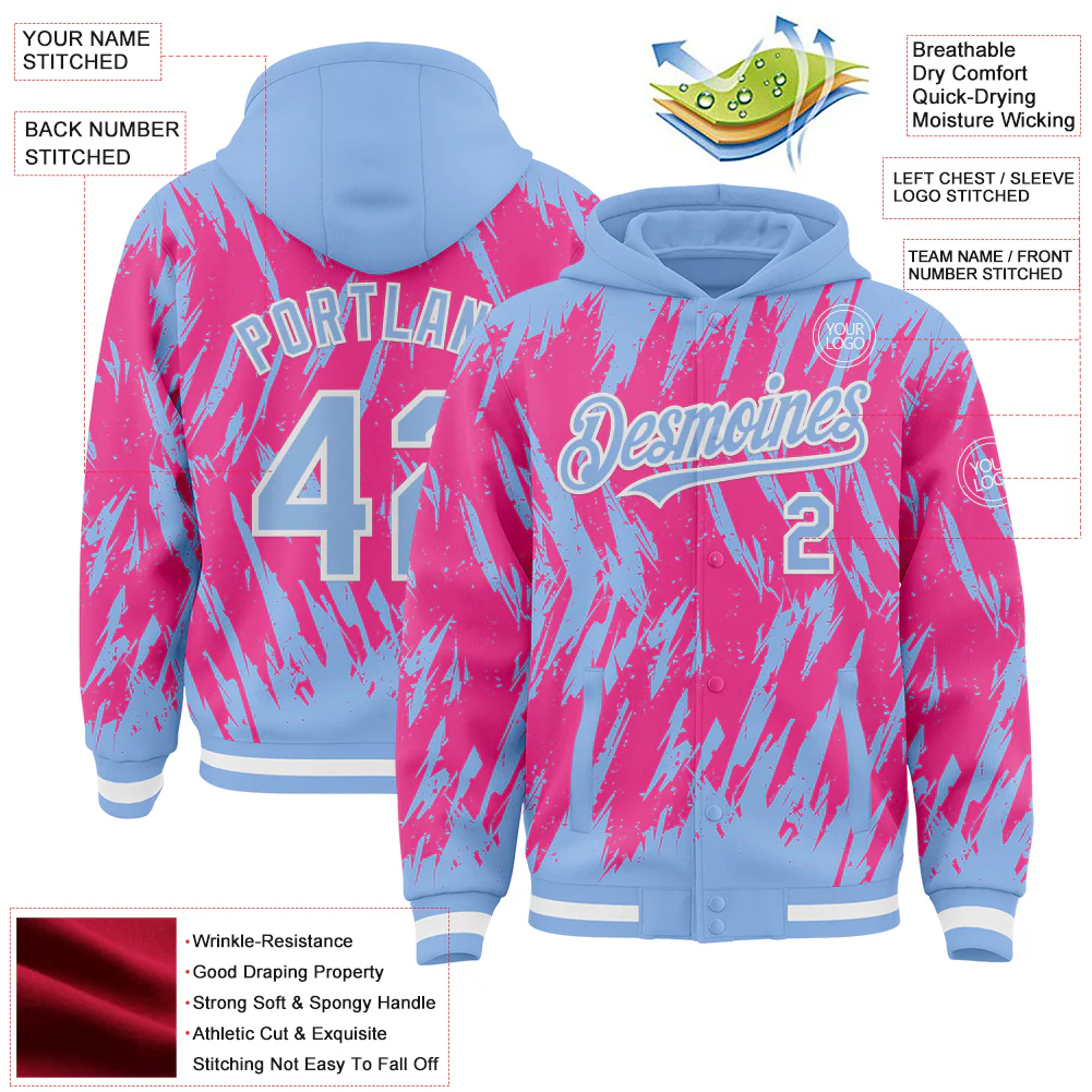 Custom Light Blue Pink-White Abstract Sharp Shape Fragment Pattern Bomber Full-Snap Varsity Letterman Hoodie Jacket - Image 4