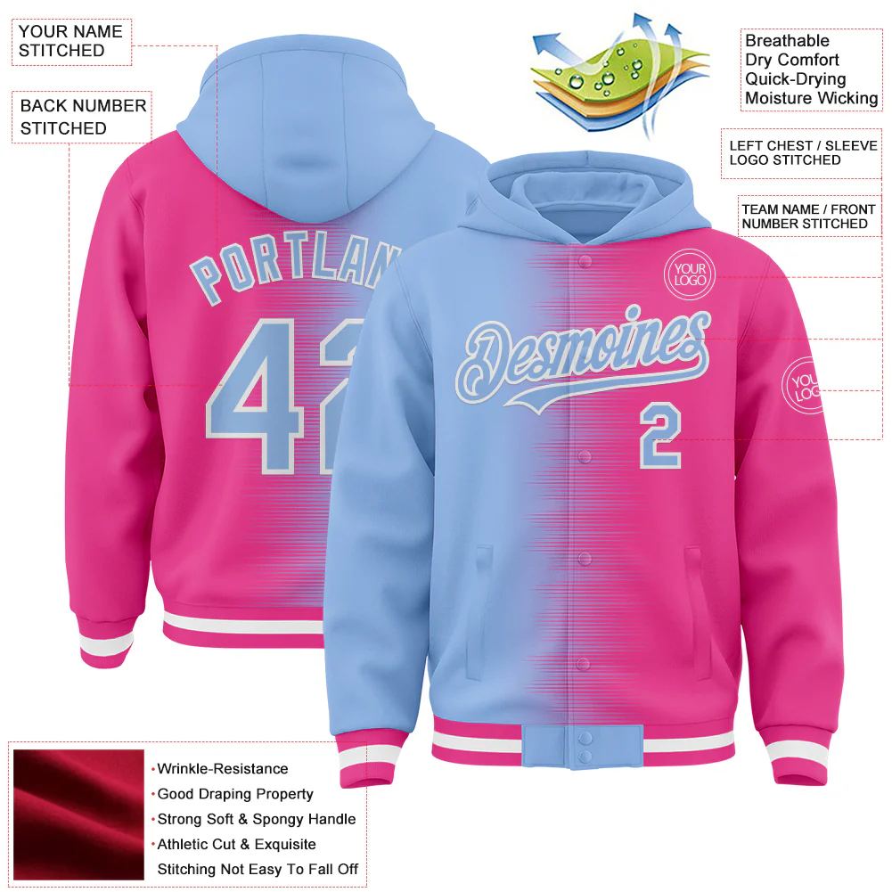 Custom Light Blue Pink-White Gradient Line Bomber Full-Snap Varsity Letterman Hoodie Jacket - Image 4