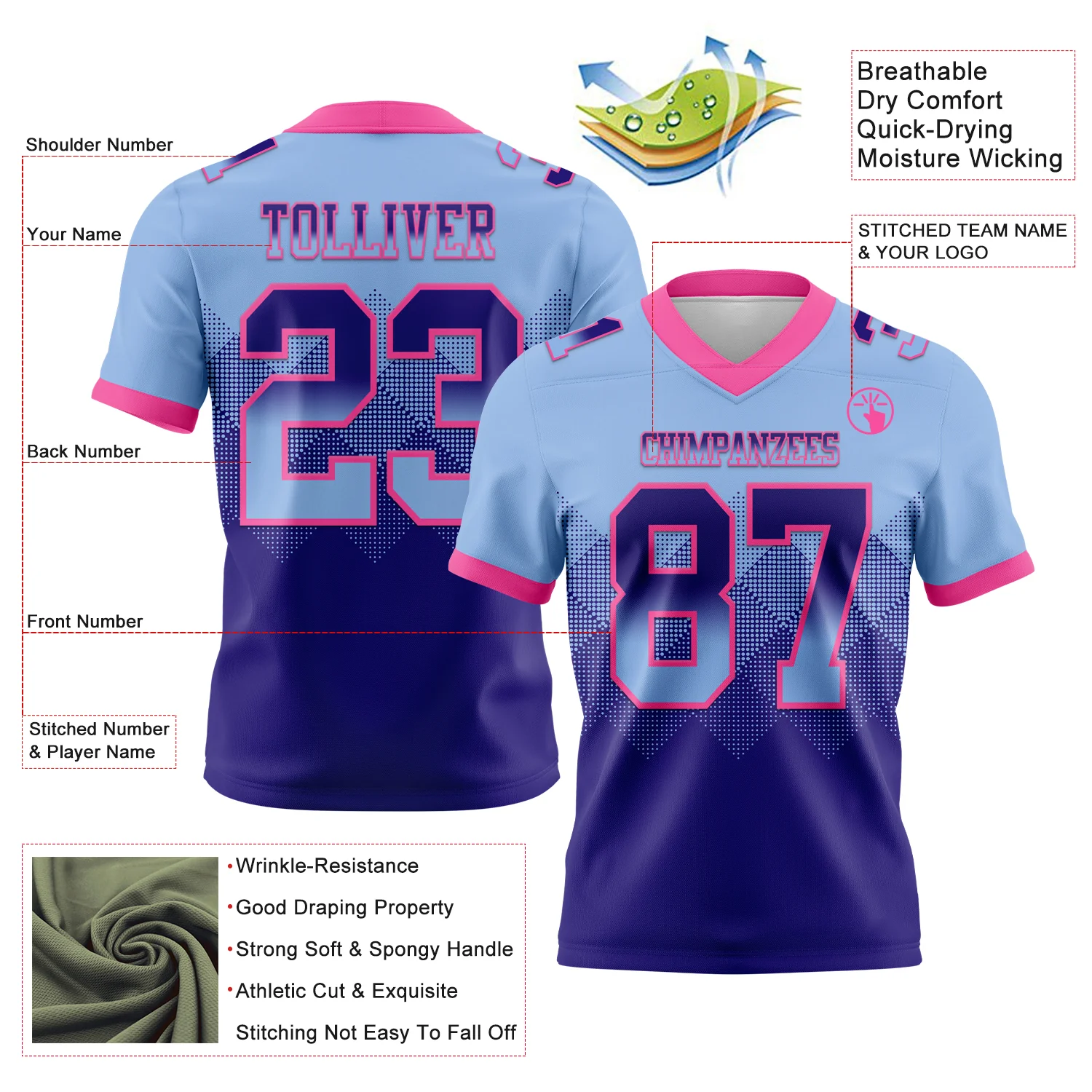 Custom Light Blue Dark Purple-Pink Authentic Gradient Square Shape Flag Football Jersey - Image 2